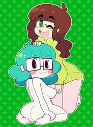 2girls :3 applchu ass big_ass blush breasts brown_hair emi_(jaltoid) glasses green_hair jaltoid multiple_girls nude sweater wink winking winking_at_viewer youtube youtuber