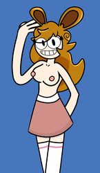 artist_request breasts brown_hair candyevie luvie skirt smile smiling smiling_at_viewer socks topless youtube youtuber