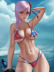american_flag_bikini arm_behind_head arm_up ass_visible_through_thighs bangs bikini blue_eyes breasts camb cleavage fate/grand_order fate_(series) female flag_print hair_bun hair_ornament hair_ribbon highres holding holding_weapon large_breasts legs_apart lips lipstick makeup miyamoto_musashi_(fate) miyamoto_musashi_(swimsuit_berserker) navel purple_hair red_lips ribbon swimsuit sword thick_thighs thigh_gap thighs underboob undersized_clothes weapon