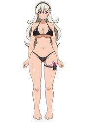 86-shiki alternate_costume ass_visible_through_thighs bikini black_bikini black_swimsuit corrin_(fire_emblem) corrin_(fire_emblem)_(female) female female_only fire_emblem fire_emblem_fates full_body large_breasts long_hair looking_at_viewer nervous nervous_smile nintendo red_eyes remote_control_vibrator sex_toy smile solo solo_female standing sweatdrop swimsuit underboob vibrator