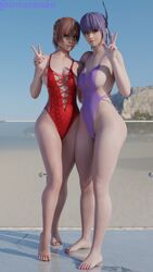 2girls 3d ayane_(doa) barefoot big_breasts dead_or_alive female_only glasses holorenders honoka_(doa) nipple_slip one-piece_swimsuit outside peace_sign pinup purple_hair swimsuit