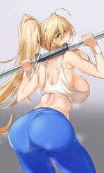 1girls 2021 ahoge artoria_pendragon artoria_pendragon_(lancer) artoria_pendragon_(swimsuit_ruler) ass ass_focus back back_view backboob blonde_hair blue_yoga_pants breasts fate/grand_order fate_(series) female female_focus female_only green_eyes gym_clothes huge_ass huge_breasts kakumayu lifting_weights long_hair long_ponytail looking_back looking_over_shoulder ponytail sideboob simple_background squatting steam steaming_body sweat sweaty_body tank_top thick_thighs thighs tight_clothing tight_fit white_tank_top working workout_clothes yoga_pants