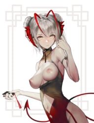 areolae arknights bare_shoulders breasts breasts_out demon_tail dress exposed_breasts fan female female_only highres horns looking_at_viewer medium_breasts navel nipples open_dress short_hair solo_female tagme tail veilrain w_(arknights) white_hair yellow_eyes