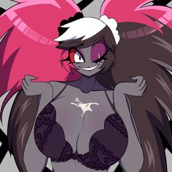 akkoh big_breasts black_body cum cum_on_breasts demon demon_girl female female_only hazbin_hotel humanoid looking_at_viewer open_mouth open_smile red_eyes smile smooth_skin teeth velvette velvette_old_design