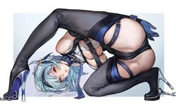 1girls 2021 areola_slip areolae arms_behind_back arms_restrained ass barely_contained blue_hair blush bondage boots breasts cameltoe chained_boots chains embarrassed eula_(genshin_impact) female female_focus female_only genshin_impact hairband heeled_boots heels hi_res high_heel_boots high_heels huge_ass huge_breasts iuui large_areolae large_ass looking_at_viewer looking_between_legs medium_hair purple_eyes restrained simple_background solo sweat sweaty_body thick_thighs thigh_boots thigh_strap thighs tied_down westking white_background