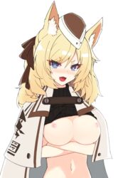 animal_ears areolae arknights artist_request big_breasts blonde_hair blue_eyes blush breasts crossed_arms cute exposed_breasts fangs female female_only hair_ribbon hat highres hururu lancer_(worudrleh1) long_hair looking_at_viewer navel nipples no_bra open_mouth partially_clothed solo_female tagme uniform whislash_(arknights) white_background