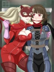 2girls ann_takamaki arms_behind_back blonde_hair bodysuit bondage bound brown_hair captured cleavage clothing e-heron earrings evil_grin female femdom femsub gag grin human improvised_gag large_breasts leash long_hair looking_at_viewer makoto_niijima mask pale_skin persona persona_5 phantom_thief_suit red_eyes rope_between_breasts shadow_self_(persona) short_hair smile sweatdrop whip yellow_eyes zipper