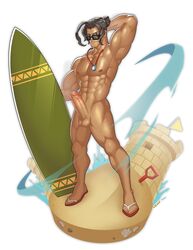 1boy abs alternate_costume arm_behind_head armpits bara black-framed_eyewear black_hair completely_nude dragalia_lost erection full_body hi_res holding holding_surfboard large_pectorals looking_at_viewer male male_focus muscular muscular_male navel nipples nude pectorals penis ranzal sand sand_castle sand_sculpture short_hair solo stomach sunglasses surfboard uchu_(uchuuux) uncensored whistle whistle_around_neck