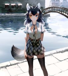 animal_ears arm_behind_back between_breasts black_legwear black_necktie black_neckwear black_skirt blue_eyes blush breasts bridge day female female grey_hair grey_wolf_(kemono_friends) heterochromia high_resolution kemono_friends long_hair looking_to_the_side medium_breasts multicolored_hair necktie necktie_between_breasts open_clothes open_shirt outdoors plaid plaid_necktie plaid_neckwear plaid_skirt pleated_skirt river shirt short_hair skirt solo standing tagme tail thighhighs treeware two-tone_hair white_hair white_shirt wolf_ears wolf_tail yellow_eyes