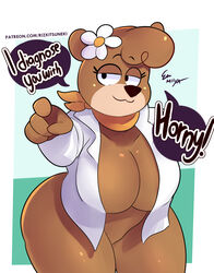 :3 anthro bear bear_girl big_breasts brown_fur cindy_bear cleavage dialogue doctor flower furry hair_flower hanna-barbera hbo_max huge_breasts jellystone_(hbo_max) labcoat miiyauwu rizkitsuneki tagme thick thick_thighs warner_brothers yogi_bear