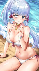 1girls beach bikini blue_eyes breasts cleavage female genshin_impact hi_res kamisato_ayaka looking_at_viewer medium_breasts ponnyu12 ponytail smile wet white_hair