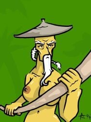 braid breasts brown_eyes bushy_eyebrows kae94 lego long_beard man_boobs ninjago nipples old_man rule_63 shiny_breasts white_beard white_hair wu_(ninjago) yellow_skin