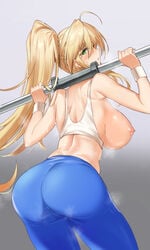 1girls 2021 ahoge areolae artoria_pendragon artoria_pendragon_(lancer) artoria_pendragon_(swimsuit_ruler) ass ass_focus back back_view backboob blonde_hair blue_yoga_pants breasts breasts_out erect_nipples fate/grand_order fate_(series) female female_focus female_only green_eyes gym_clothes huge_ass huge_breasts kakumayu large_areolae lifting_weights long_hair long_ponytail looking_back looking_over_shoulder nipples ponytail sideboob simple_background squatting steam steaming_body sweat sweaty_body tank_top thick_thighs thighs tight_clothing tight_fit white_tank_top working workout_clothes yoga_pants