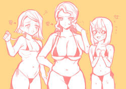 3girls big_breasts bikini canon_genderswap cleavage demon_girl demon_slayer enmu female female_only flat_chest genderswap_(mtf) horns kimetsu_no_yaiba monochrome mukago muzan_kibutsuji poniponi_funnu rule_63 short_hair small_breasts swimsuit underboob yellow_background