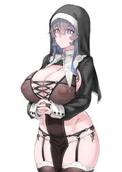 1girls bangs blue_eyes box20502017 breasts cleavage female garter_belt grey_hair habit highres huge_breasts long_hair multicolored_eyes nipples nun original panties pelvic_curtain purple_eyes revealing_clothes see-through solo symbol-shaped_pupils thighhighs underwear xiangzi_box