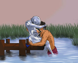 1boy 1boy1girl 1girls cartoon_network couple dark-skinned_male embrace embracing embracing_another female gray_hair grey_hair grey_skin hbo_max infinity_train interspecies interspecies_pregnancy jesse_cosay kissing lake_(infinity_train) metallic_body pier pregnant reflection scuttosaurus solo_female topless topless_female water