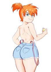 1girls 2020s 2021 angel_glitch ass asymmetrical_hair back big_ass blue_bottomwear blue_eyes blue_shorts butt_crack_outline clothing confident dat_ass denim denim_shorts eyebrows_visible_through_hair female female_only hand_on_hip high_resolution huge_ass kasumi_(pokemon) large_ass looking_at_viewer looking_back lotion lotion_bottle orange_hair pokemon pokemon_character pokemon_rgby ponytail rear_view red_hair redhead shiny shiny_hair shiny_skin short_hair shorts side_ponytail simple_background smile solo sunscreen suspenders suspenders_removed thick_ass thighs tied_hair tomboy topless very_high_resolution white_background wide_hips