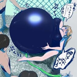 about_to_burst belly_expansion belly_inflation blonde_hair breast_expansion close_to_bursting fukufukufuku33 hose hose_inflation hyper_belly inflation japanese_text looking_worried ready_to_pop swimsuit water_inflation