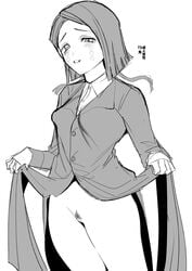 bob_cut clothing demon_slayer dress_lift enmu facial_markings female female_only genderswap_(mtf) greyscale kimetsu_no_yaiba looking_at_viewer monochrome no_panties poniponi_funnu presenting pubic_hair rule_63 short_hair solo