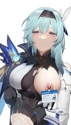 ahe_gao aliosarvin bangs blue_hair blush breasts character_name closed_mouth collar commentary_request container copyright_name cum cum_in_container cum_pool english_text eula_(genshin_impact) female genshin_impact gloves highres id_card lactation large_breasts looking_at_viewer milk nipple_clamps nipple_tag nipples one_breast_out open_clothes open_shirt simple_background skirt solo tearing_up torn_clothes torn_skirt vision_(genshin_impact) white_background