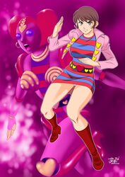 >:) akiniina belt bijinder boots breasts brown_hair kikaider red_boots robot short_hair smile thighs underwear