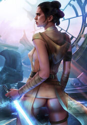 1girls alternate_version_available ass bottomless casual clothing daisy_ridley demonlorddante electronics female female_focus female_only human light-skinned_female lightsaber pale_skin pussy realistic rey solo star_wars sword vagina weapon