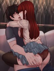 1boy 1girls akira_kurusu arms_around_neck ass ass_grab big_ass black_hair black_legwear breasts clothed_sex couple curly_hair female french_kiss ginger hug joker_(persona) kasumi_yoshizawa kissing male mastery_position panties penis persona persona_5 persona_5_royal pussy red_hair ren_amamiya sex skirt small_breasts sumire_yoshizawa tongue_kiss vaginal_penetration zumi