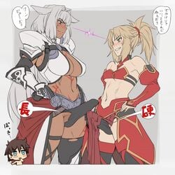 1boy 2futas animal_ears black_panties blonde_hair blue_eyes blush breasts brown_hair bulge caenis_(fate) chibi cleavage closed_mouth commentary_request dark-skinned_futanari dark_skin detached_sleeves duo_focus electricity erection erection_under_clothes eye_contact fate/apocrypha fate/grand_order fate_(series) fujimaru_ritsuka_(male) futa_focus futa_with_futa futanari green_eyes grey_background grey_hair grin hand_on_hip human large_breasts large_penis light-skinned_futanari light_skin lightning_stare long_hair looking_at_another medium_breasts mikoyan mordred_(fate) mordred_(fate/apocrypha) multiple_girls multiple_penises navel pale_skin panties penis penises_touching silver_hair simple_background smile standing staredown sweat sweatdrop teeth testicle_peek testicles translation_request underwear