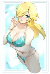 1340smile 1girls alternate_costume bikini bimbo blonde_hair blue_eyes breasts ear_piercing female female_only hair_over_one_eye light-skinned_female light_skin lipstick mario_(series) medium_hair nintendo princess_rosalina solo solo_female super_mario_galaxy swimsuit