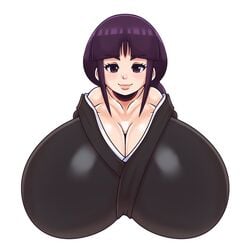 1girls alternate_breast_size bangs bleach blunt_bangs blush breasts_bigger_than_head busty collar enormous_breasts female female_only gigantic_breasts huge_breasts kurotsuchi_nemu lieutenant_(bleach) light_skin long_hair looking_at_viewer matospectoru ponytail purple_eyes purple_hair robe shiny_breasts smile soul_reaper top_heavy uniform upper_body