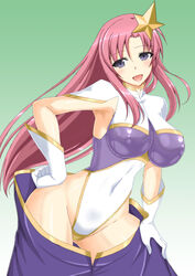 1girls armpit bent_over covered_navel female female_only fuuki_(misty_wind) gundam gundam_seed gundam_seed_destiny hand_on_hip hand_on_own_thigh hand_on_thigh large_breasts leaning_forward leotard long_hair looking_at_viewer meer_campbell pink_hair pose purple_eyes skirt smile solo thick_thighs