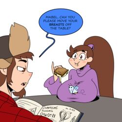 1boy 1girls alternate_breast_size breast_rest breasts_on_table dipper_pines disney disney_channel eating eating_food english_text female frostbiteboi gravity_falls huge_breasts mabel_pines male reading_book straight_hair text thicc-verse twins