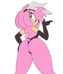 amy_rose anthro armwear ass bunny_costume clothing costume elbow_gloves eulipotyphlan evenytron fake_ears fake_rabbit_ears female gloves grin hand_on_hip handwear hedgehog hi_res looking_at_viewer looking_back mammal pstash sega simple_background smile solo sonic_(series) white_background