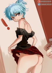 1boy artist_logo ass assassination_classroom background bbadogg big_ass black_topwear blue_eyes blue_hair boner boy canon_crossdressing caught caught_in_the_act caught_off_guard changing changing_room clothed clothed_male clothing collar dick door embarrassed embarrassment femboy foreskin hard_on light_skin looking_at_viewer looking_back male male_only pale-skinned_male pale_skin penis precum room shiota_nagisa shoulders signature skirt skirt_lift skirt_up small_penis solo solo_male teen teenager trap white_skin