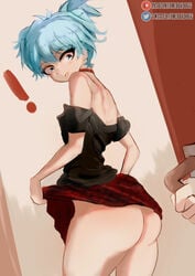 1boy artist_logo ass assassination_classroom background bbadogg big_ass black_topwear blue_eyes blue_hair boy canon_crossdressing caught caught_in_the_act caught_off_guard changing changing_room clothed clothed_male clothing collar door embarrassed embarrassment femboy light_skin looking_at_viewer looking_back male male_only pale-skinned_male pale_skin room shiota_nagisa shoulders signature skirt skirt_lift skirt_up solo solo_male teen teenager trap white_skin