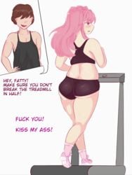 1boy 1girls animated booty_shorts brown_hair chubby chubby_female doki_doki_literature_club english_text fat_ass female lewddoodler male natsuki_(doki_doki_literature_club) pink_hair sports_bra text treadmill weight_loss