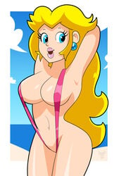 1girls armpits arms_behind_head arms_up atomictiki beach bikini blonde_hair blue_eyes breasts cleavage cloud earrings large_breasts lipstick long_hair looking_at_viewer mario_(series) mostly_nude navel nintendo ocean open_mouth outdoors outside pink_bikini pink_lipstick princess_peach sand sky sling_bikini smile standing stretching swimsuit thick_thighs v-string very_long_hair voluptuous water white_skin wide_hips