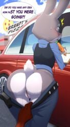 1girls 2021 absurd_res anthro anus ass assisted_exposure big_butt blush bodily_fluids bottomwear bottomwear_pull bubble_butt buckteeth canid canine car clothed clothing clothing_pull desertkaiju dialogue disney duo english_text female female_focus fox genital_fluids genitals hi_res judy_hopps lagomorph leporid mammal nick_wilde outside pants pants_down pants_pull pantsing partially_clothed police_uniform public purple_eyes pussy pussy_juice rabbit solo_focus sweat sweatdrop sweaty_butt teeth text uniform vehicle zootopia