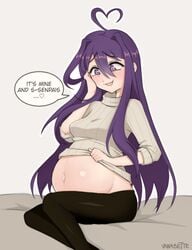 1girls blush breasts doki_doki_literature_club female female_only heart_hair huge_belly long_hair pregnant purple_eyes purple_hair ready_to_pop sweater sweater_vest vanabette yuri_(doki_doki_literature_club)