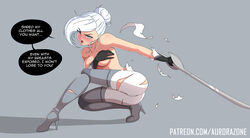 1girls ambiguous_consent ass aurora-zone bare_shoulders blue_eyes blush breasts covering covering_breasts crouching destroyed_clothing embarrassed english_text female female_only furrowed_eyebrows gloves hair_bun high_heels open_mouth rwby simple_background speech_bubble sword text thigh_boots thighhigh_boots topless topless_female torn_clothes white_hair winter's_sword_(rwby) winter_schnee