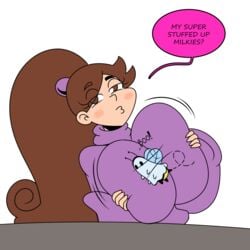 1girls alternate_breast_size comic disney english_text female female_only frostbiteboi gravity_falls huge_breasts mabel_pines meme oh_these?_(meme) solo straight_hair text thicc-verse