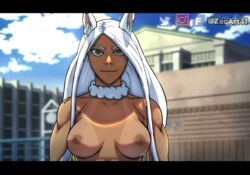 1girls breasts dark-skinned_female dark_skin female female_only fitness furry_ears miruko muscles my_hero_academia nipples rumi_usagiyama smile solo white_hair
