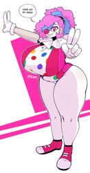 1girls ass bare_legs big_ass big_breasts breasts chubby clown clown_girl clown_nose fat_ass female female_only gats huge_ass huge_breasts leotard massive_breasts peace_sign rainbow_hair red_eyes smile solo thick_ass thick_thighs wide_hips