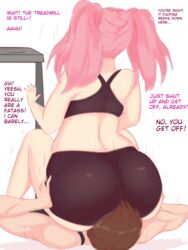 1boy 1girls ass_eating ass_grab booty_shorts brown_hair chubby chubby_female doki_doki_literature_club facesitting lewddoodler male/female natsuki_(doki_doki_literature_club) pink_hair sports_bra treadmill