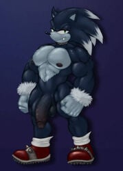 2020 big_balls big_penis black_nipples blue_background blue_fur blue_skin collar fang footwear green_eyes honeypanda hunnipanda looking_at_viewer male male_only muscles muscular_male sega shoes smirk solo solo_male sonic_(series) sonic_the_hedgehog_(series) sonic_the_werehog spiked_collar veiny_penis werehog white_fur