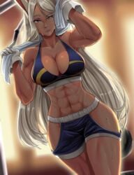 1girls 2021 abs animal_ears belly_button big_breasts blurry_background breasts brown_skin bunny_ears cleavage dark-skinned_female dark_skin female female_focus female_only gloves gym gym_equipment hips holding_object indoors large_breasts long_hair looking_at_viewer miruko muscular muscular_arms muscular_female my_hero_academia nico-mo red_eyes rumi_usagiyama short_shorts shorts slim_waist sports_bra sportswear sweat sweaty_body thin_waist toned toned_female towel white_hair wide_hips workout_clothes