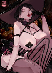 1girls alcina_dimitrescu alternate_version_available arm_support asymmetrical_legwear bare_shoulders big_breasts black_gloves black_hair black_pasties breastless_clothes breasts cleavage covered_nipples earrings female female_focus female_only lipstick looking_at_viewer makeup nekomimipunks no_bra pasties pearl_earrings resident_evil resident_evil_8:_village short_hair solo solo_female solo_focus vertical-striped_legwear vertical_stripes yellow_eyes