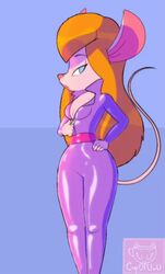 animated anthro anthrofied blonde_hair blue_eyes breasts chip_'n_dale_rescue_rangers cleavage clothed clothing cupofuwu disney female gadget_hackwrench hair long_hair mammal minigirl mouse mouse_ears mouse_tail mp4 murid murine nipples no_bra no_sound rodent solo unzipped unzipped_bodysuit video