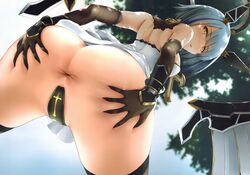 1girls akatsuki_akane anus ass ass_focus ass_grab ass_spread azur_lane black_gloves black_legwear blue_hair c-string covered_pussy cross cross_necklace female female_only gascogne_(azur_lane) hand_on_ass hazel_eyes headwear hi_res inviting light-skinned_female light_skin looking_at_viewer looking_back outdoors outside presenting presenting_anus solo tagme thighhighs vichya_dominion_(azur_lane) white_shirt