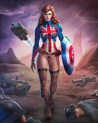 1girls boots bottomless captain_carter disney disney+ douglas_bicalho female female_focus fishnet_stockings fishnets human human_only light-skinned_female light_skin looking_at_viewer marvel marvel_cinematic_universe peggy_carter pubic_hair pussy red_hair steve_rogers vagina voluptuous what_if...? wide_hips